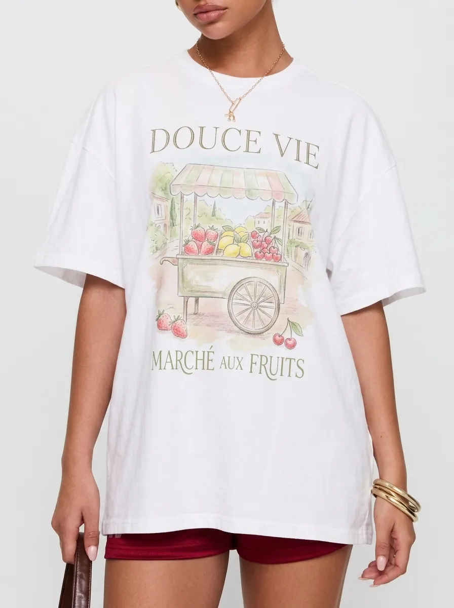 Women's French Aesthetic Fruit Stand Graphic Printed T-shirt