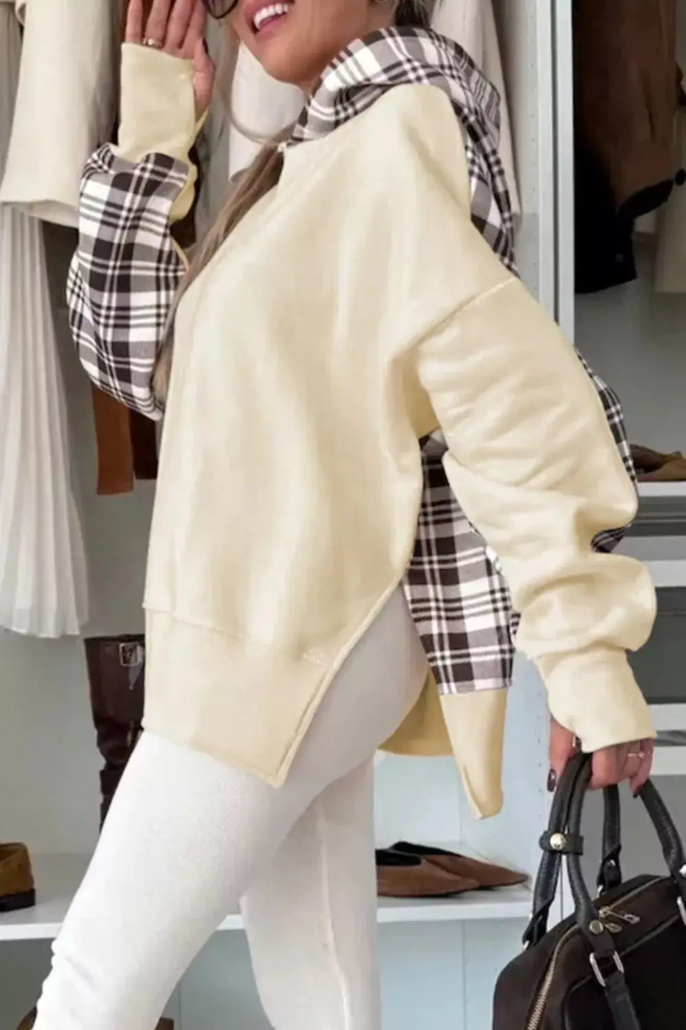 Drawstring Pocketed Long-Sleeve Plaid Hoodie