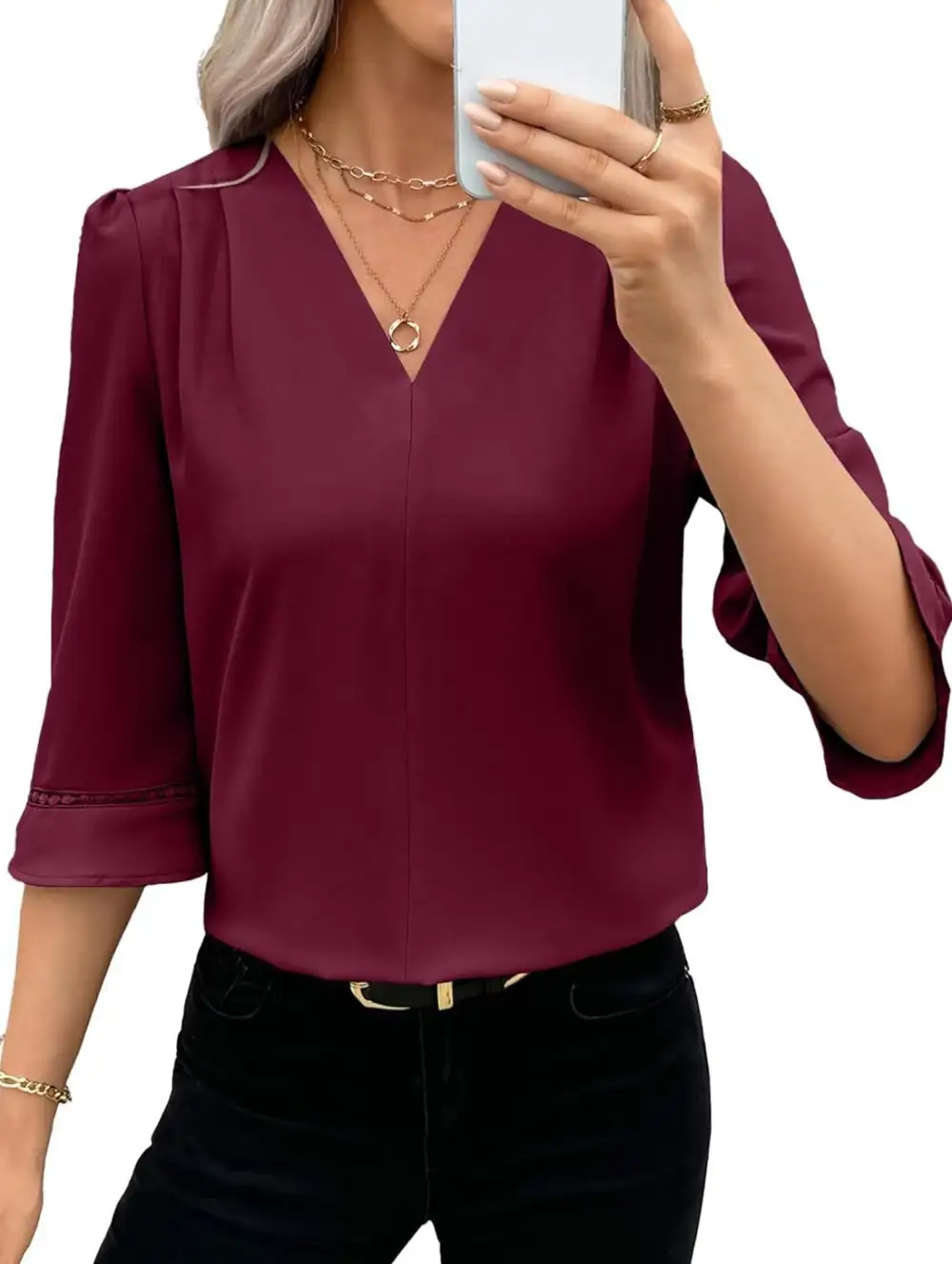 V Neck Office Three Quarter Sleeve Blouse