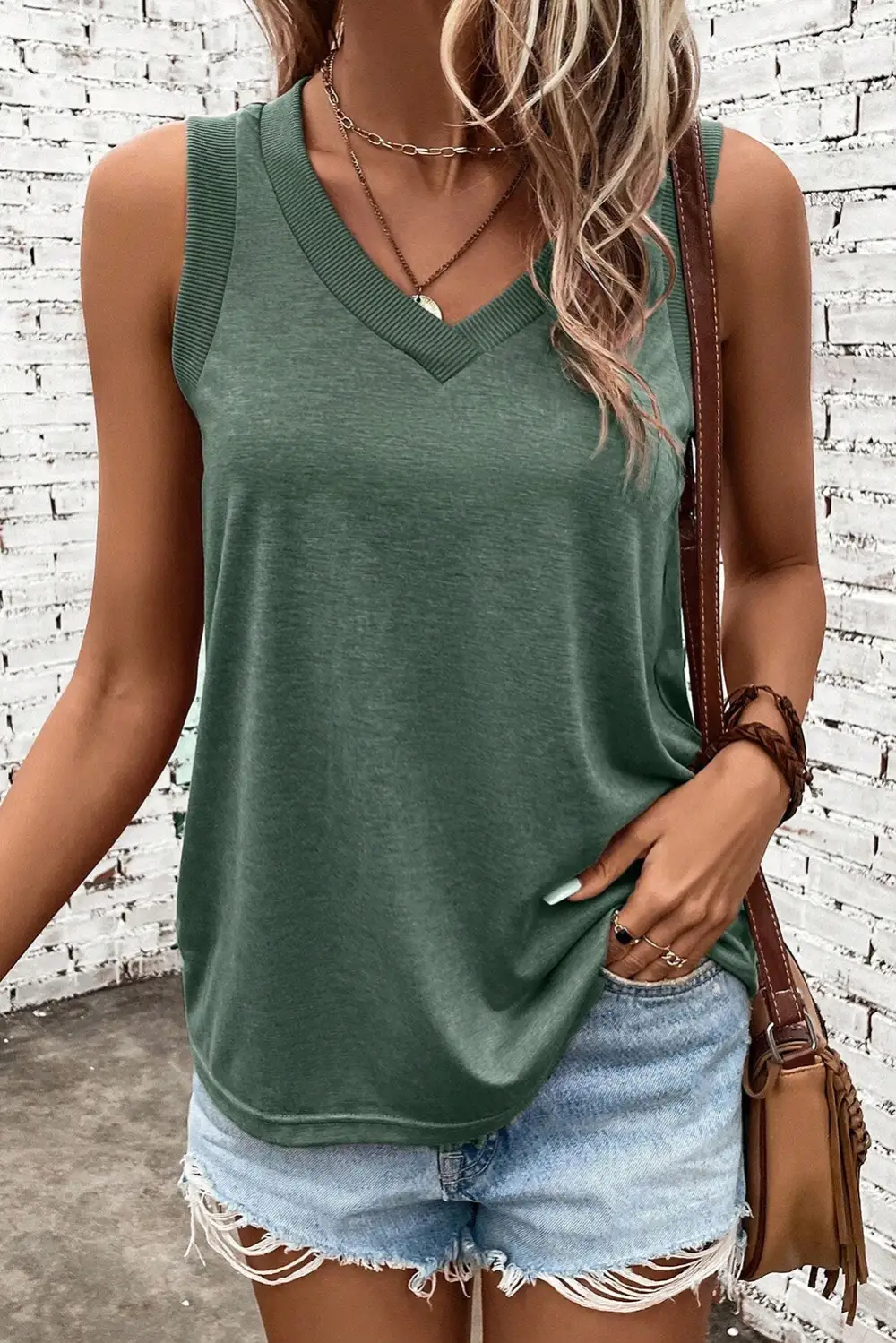 Mist Ribbed V Neck Tank Top