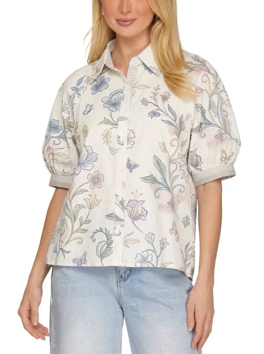 Women's Floral Butterfly Botanical Printed Puff Sleeve Shirt