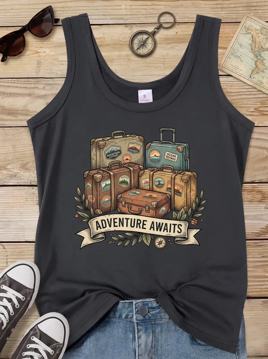 Travel Lover Adventure Awaits Vintage Suitcase Tank Top