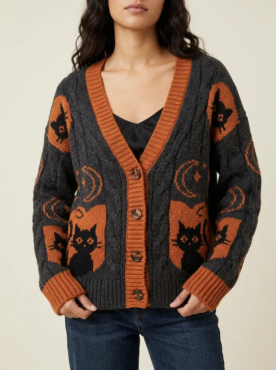 Women's Halloween Black Cat Moon Pattern Knitted Cardigan