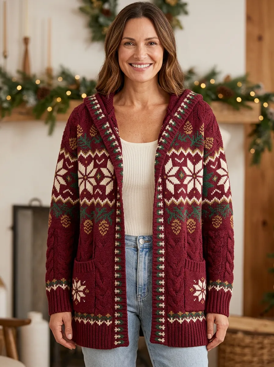Festive Christmas Snowflake Pinecone Pattern Knit Hooded Cardigan