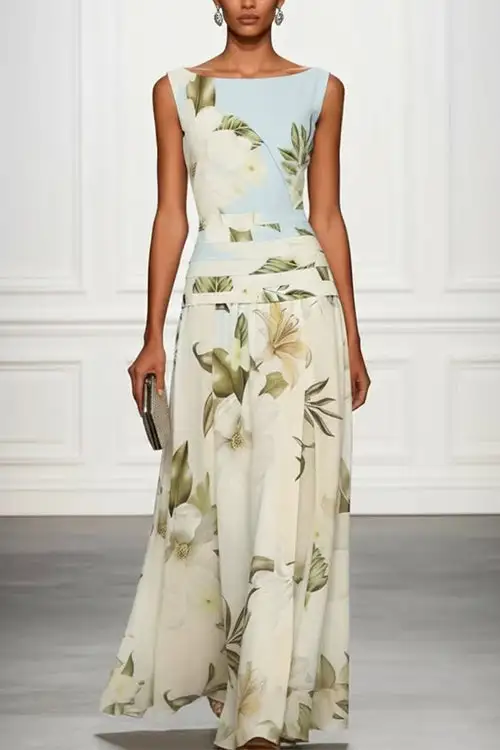 Margovil Boat Neck Sleeveless Floral Print A-line Maxi Dress