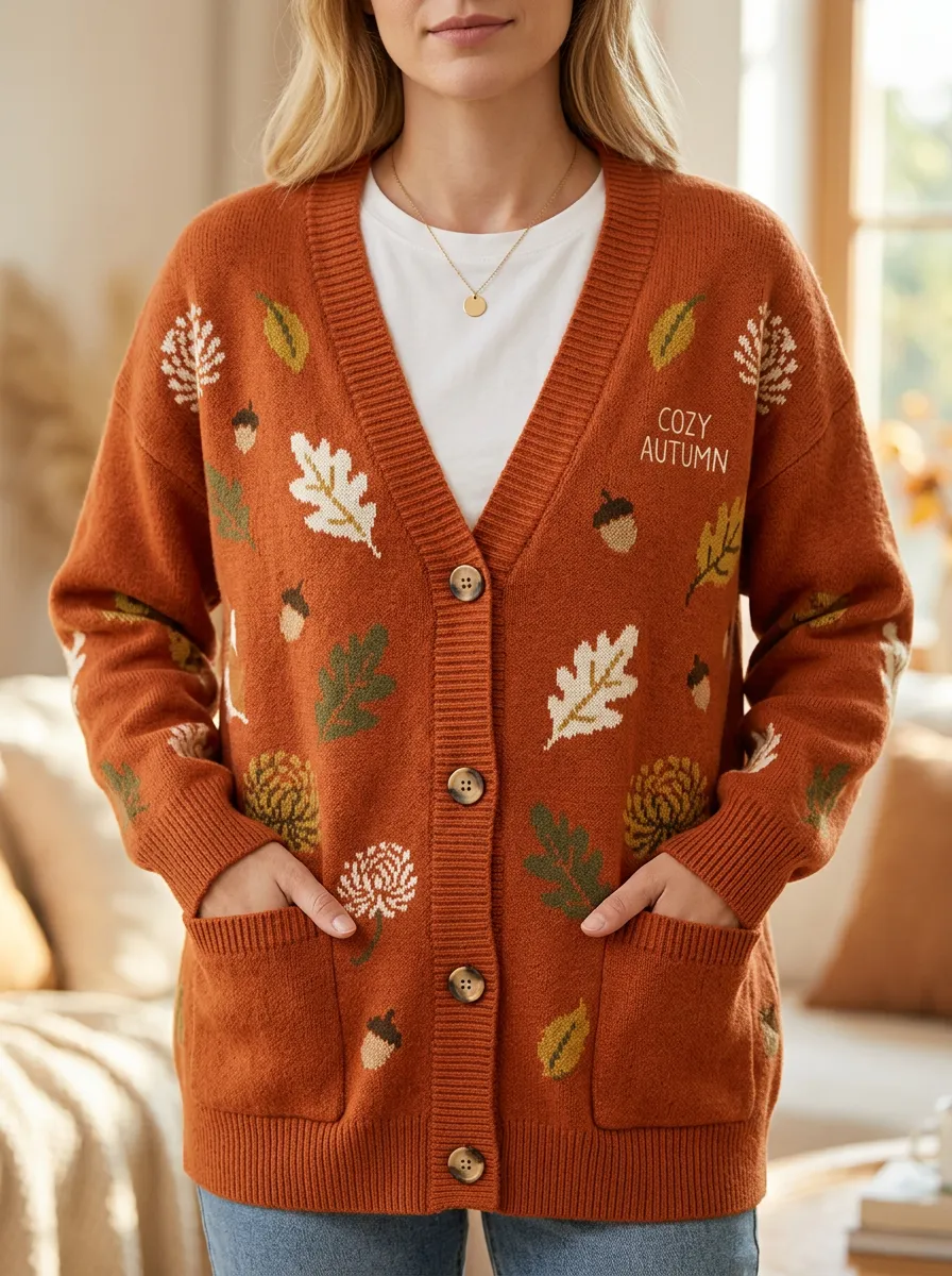Botanical Leaves Acorn Pattern Patterned Women's Knit Cardigan