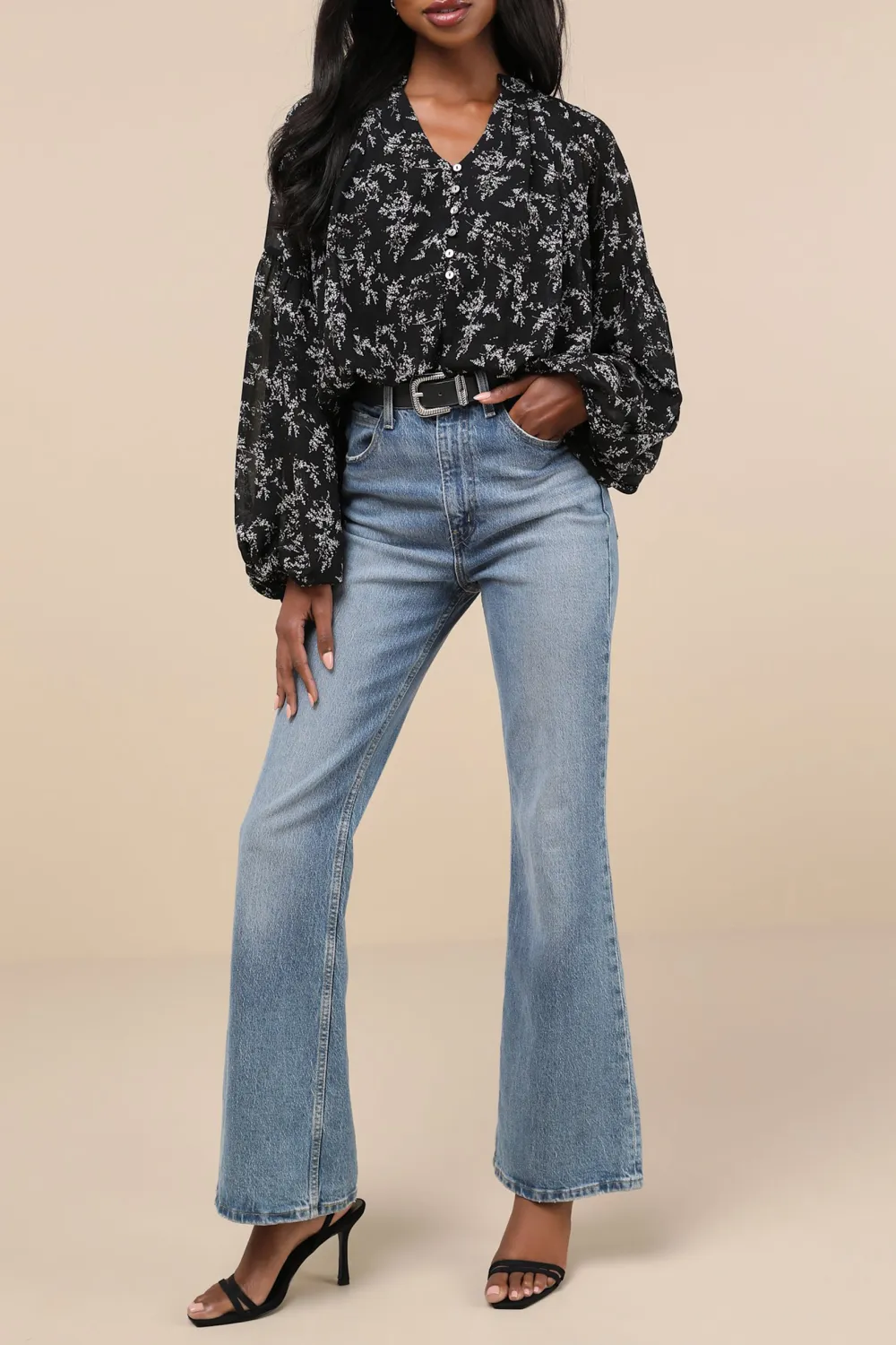 Casual Style Long Sleeve  Multi Floral Print Top