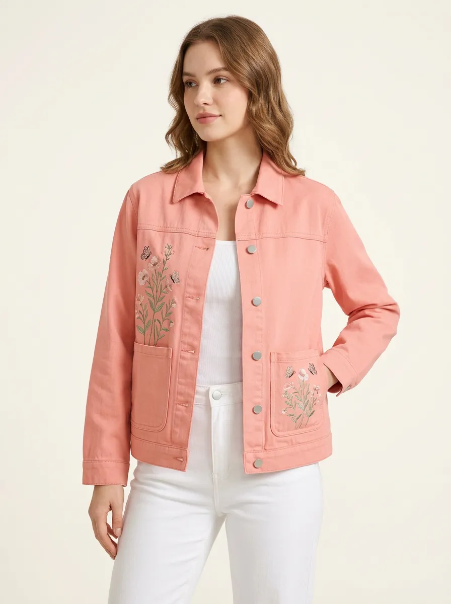 Women's Coral Embroidered Floral Denim Jacket