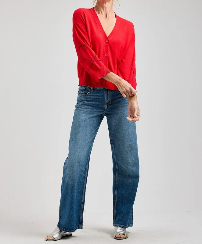 Cotton Cashmere Embroidered V-Neck Cardigan Red