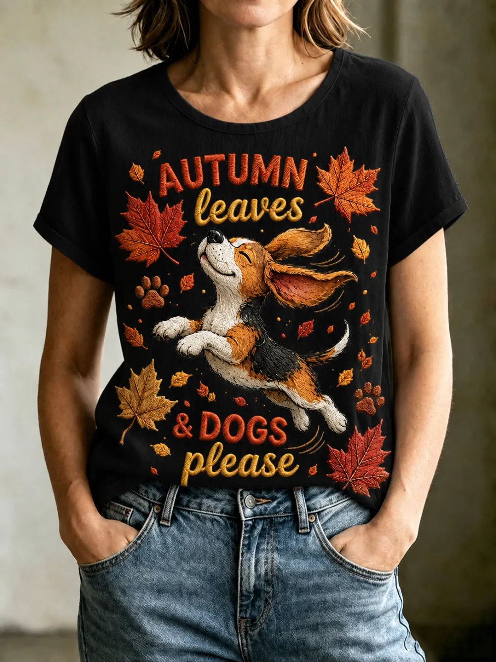 Women'S Autumn Leaves&Running Dog Printed Short Sleeved T-Shirt