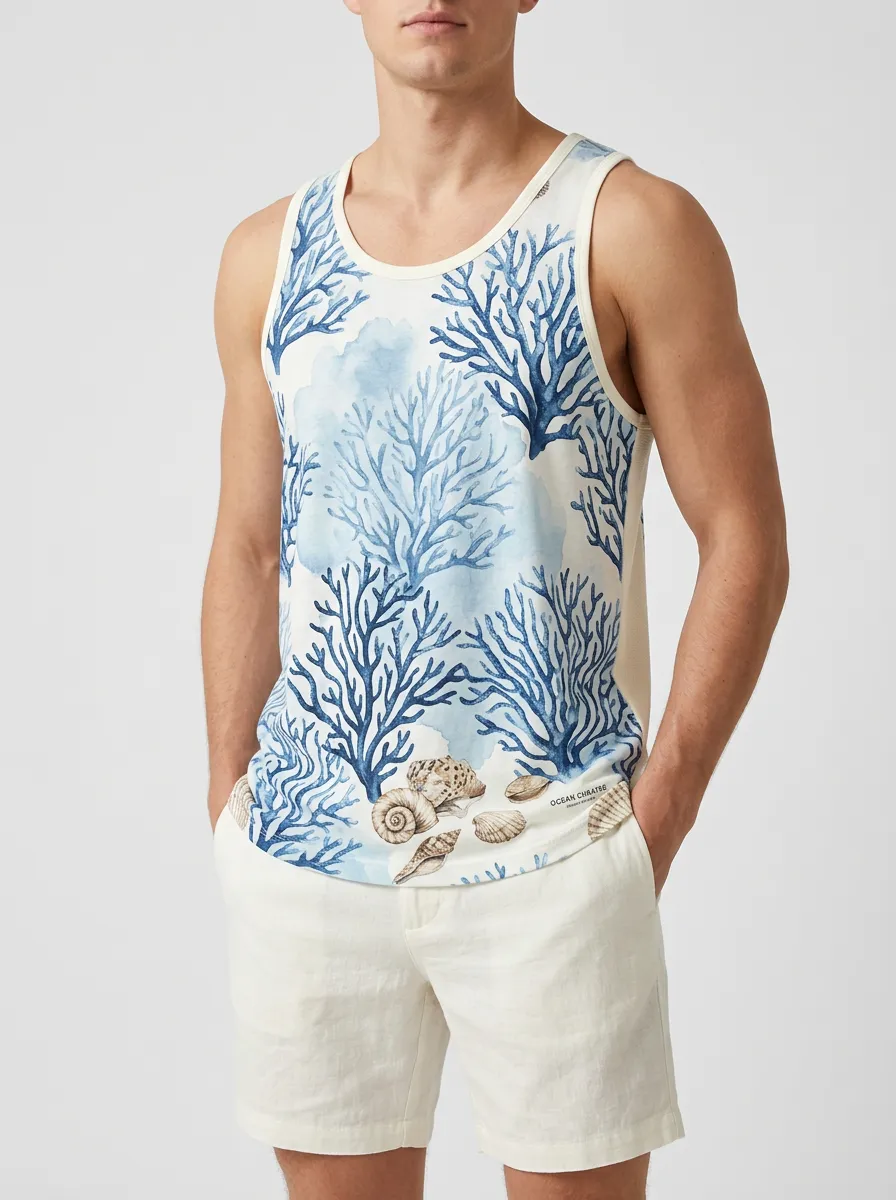 Men's Beach Vacation Blue Coral Seashell Printed Tank Top