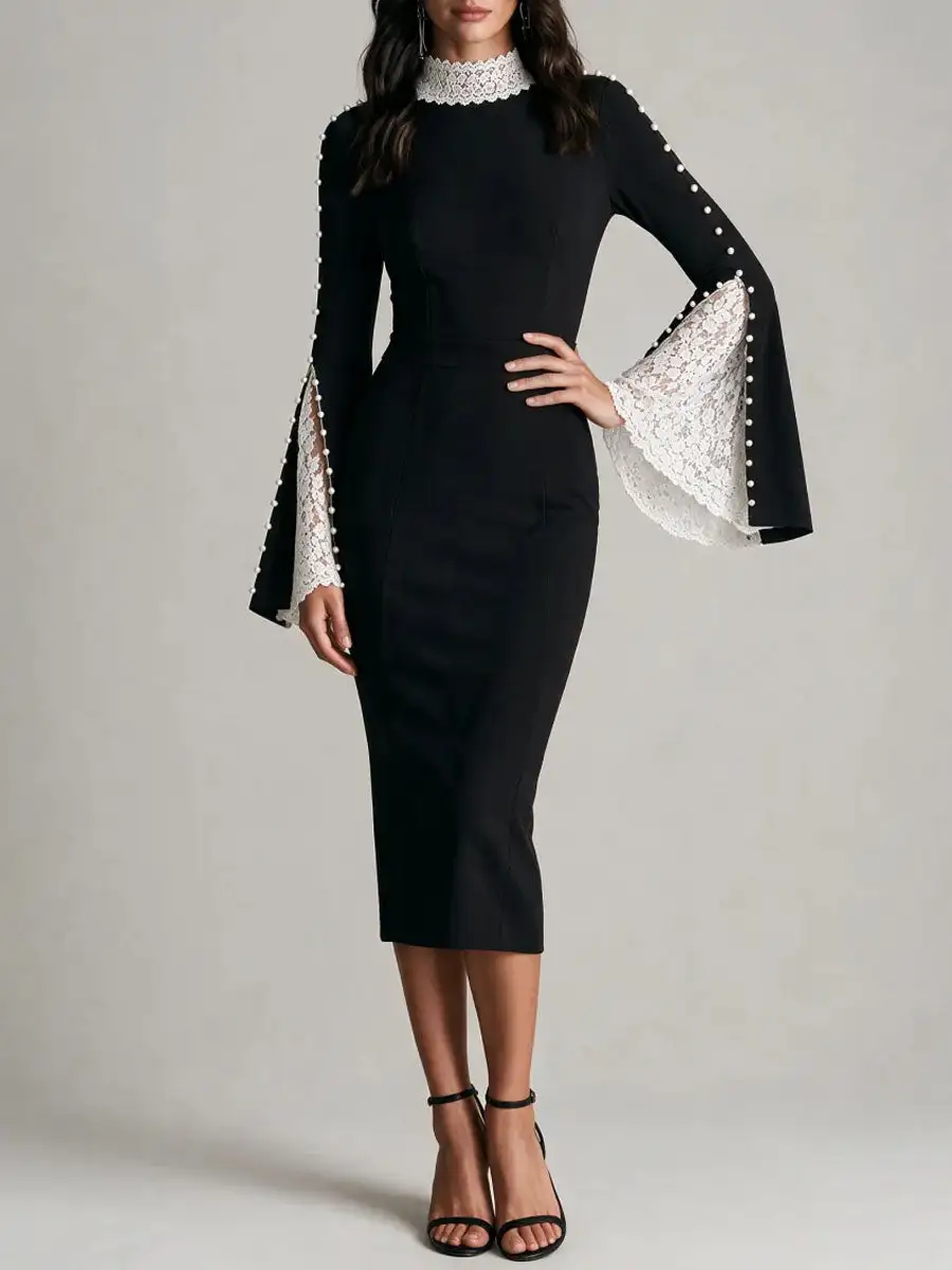 Elegant High Neck Lace Bell Sleeve Pencil And Pearl Embellished Midi Dress
