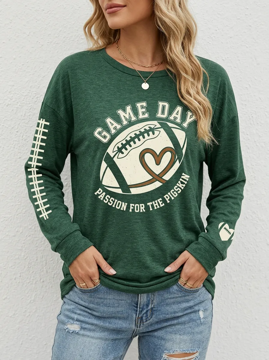Women's Classic Gridiron Heart Ball Game Day Crewneck Long Sleeve T-Shirt
