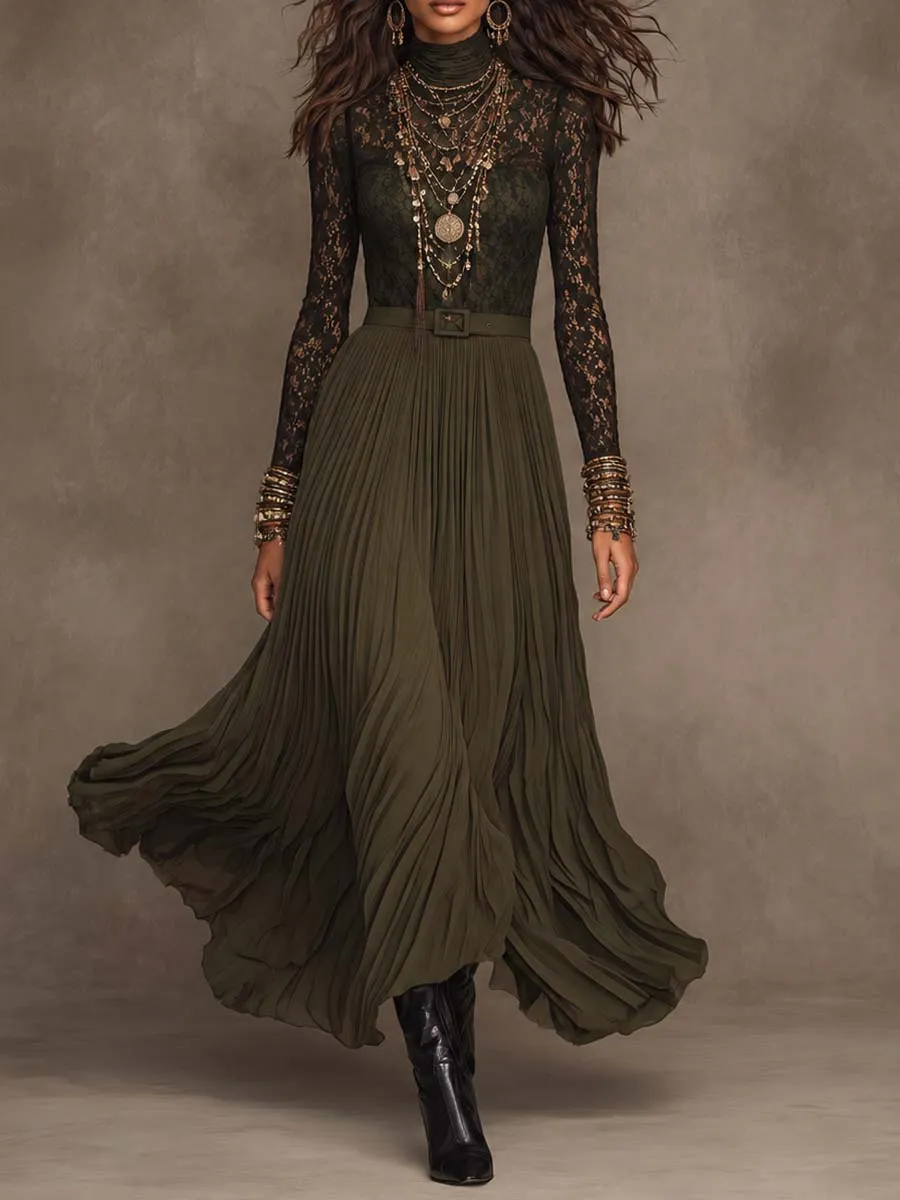 Boho Dark Olive Green Lace Chiffon High Neck Long Sleeve Pleated Maxi Dress With Belt