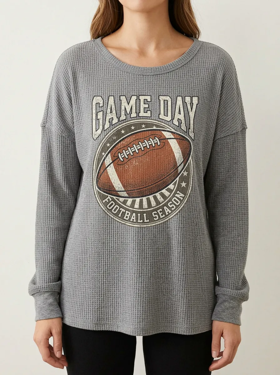 Women's Game Day Football Season Graphic Printed Waffle Knit T-Shirt