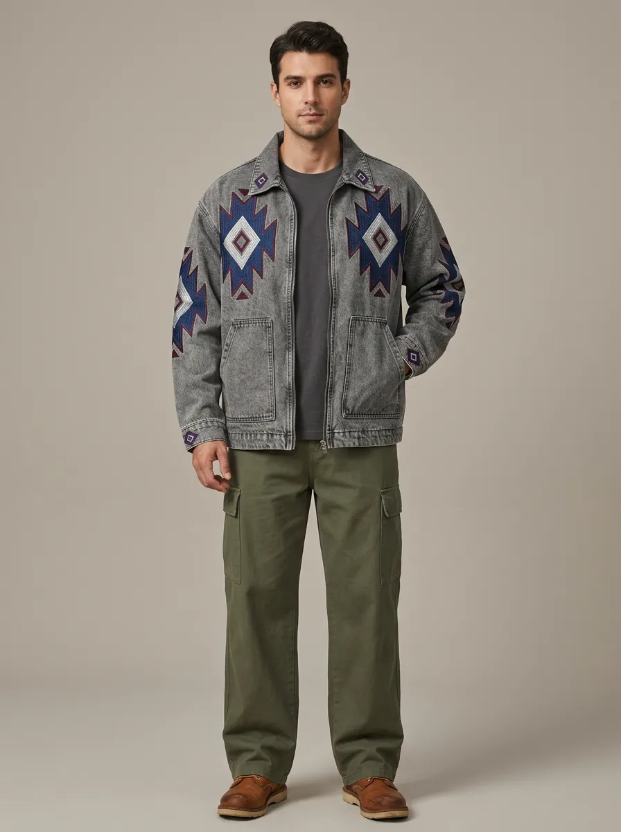 Men's Geometric Aztec Western Inspired Printed Denim Jacket