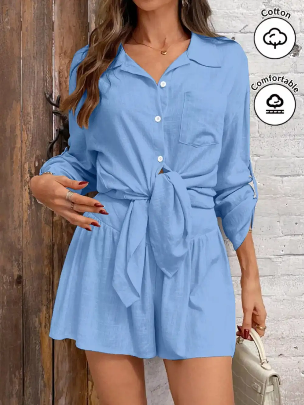 Button Up Roll Up Sleeve Shirt Shorts Set