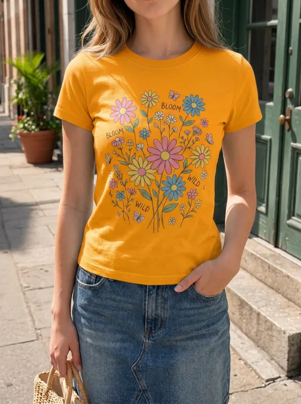 Women's Bloom Wild Floral Butterfly Printed T-shirt