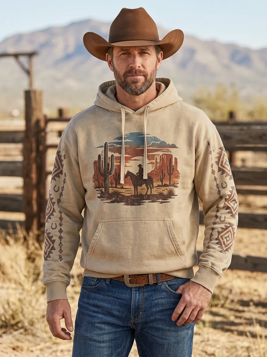 Men's Classic Western Cowboy Cactus Desert Graphic Hoodie