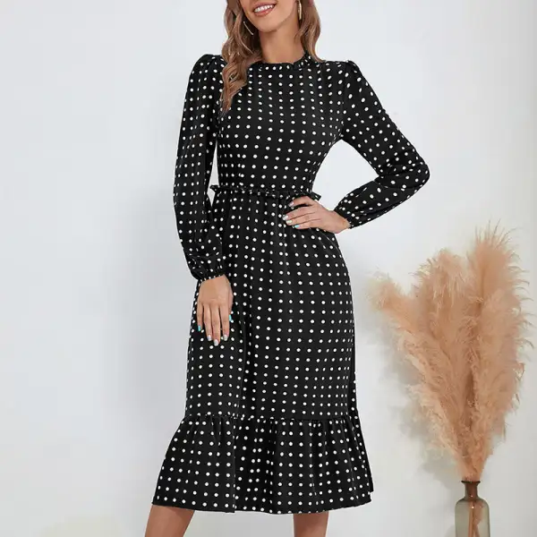 Women's Long-Sleeve Polka-Dot Ruffled Evening Maxi Dress