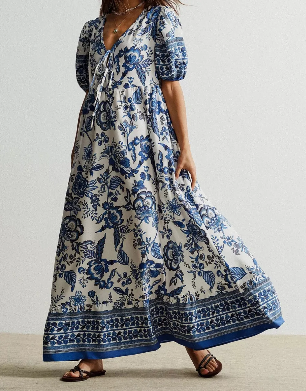 Floral Print Tie Neck Puff Sleeve Maxi Dress