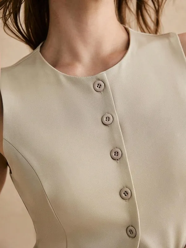 Beige Knit Button Front Vest