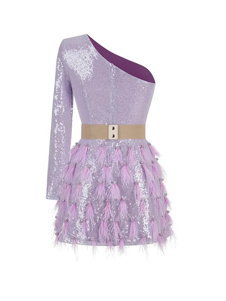 Adeline One Shoulder Sequins&Feather Cocktail Dress