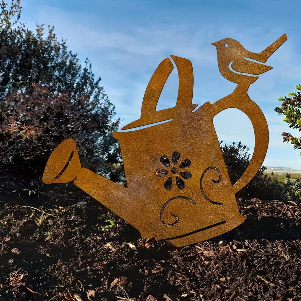 Metal Bird & Watering Can Yard Art