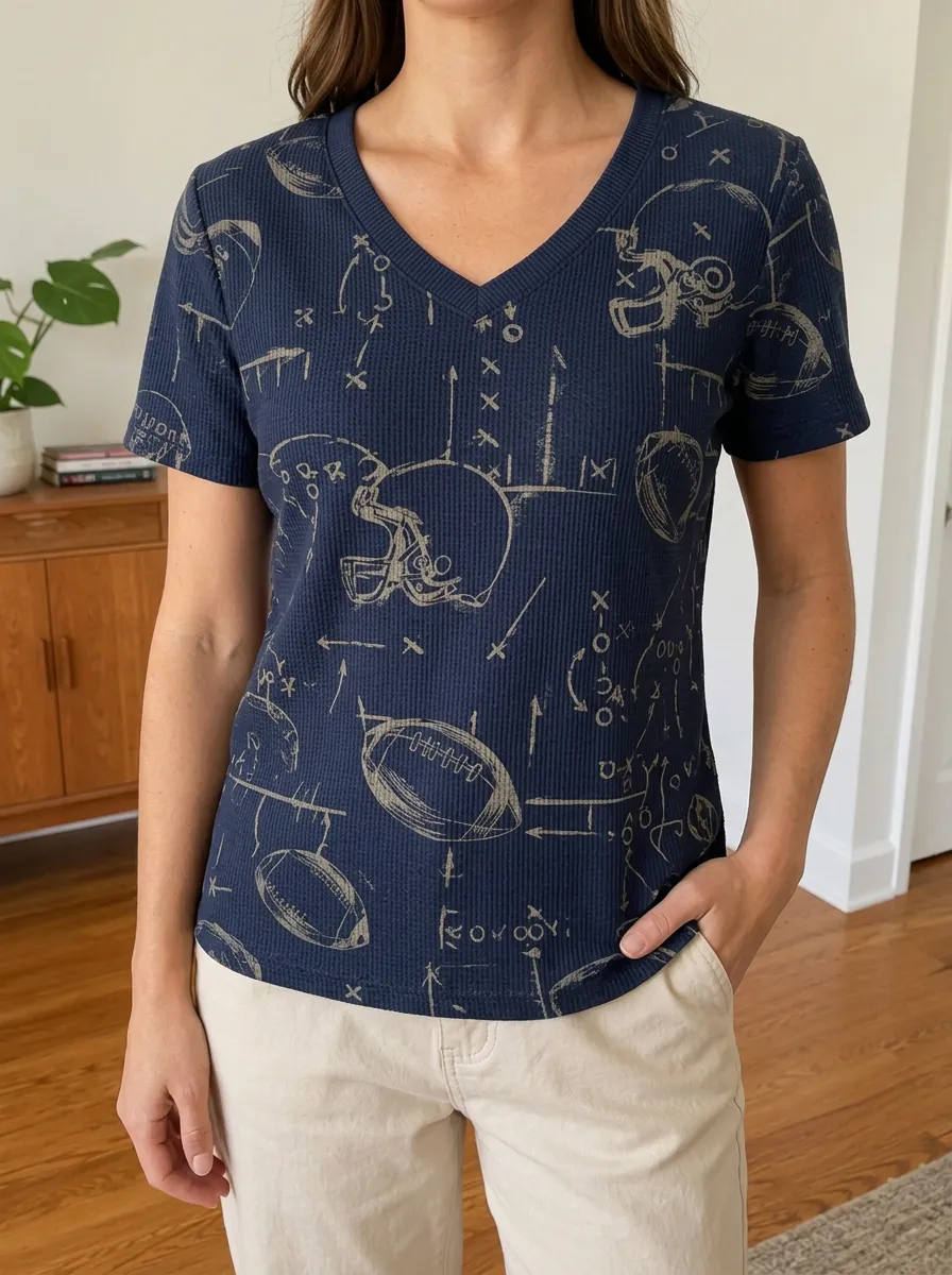 Women's Football Fan Playbook Helmet Printed Waffle V-Neck Top