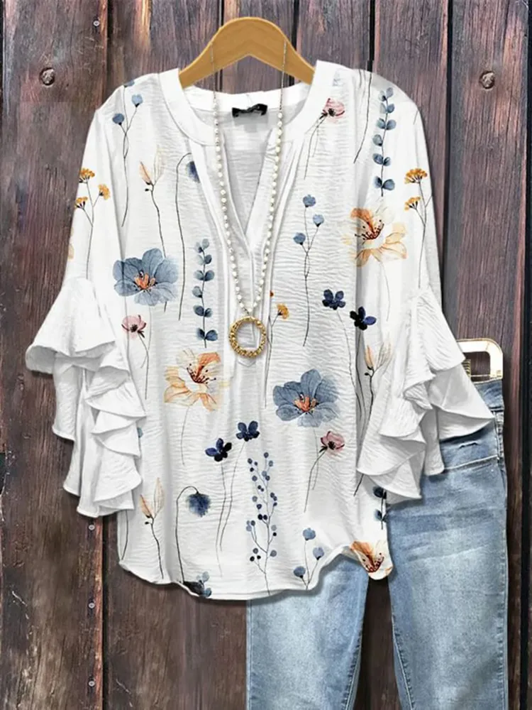 Women'S Vintage Plant Floral Print V-Neck Shirt