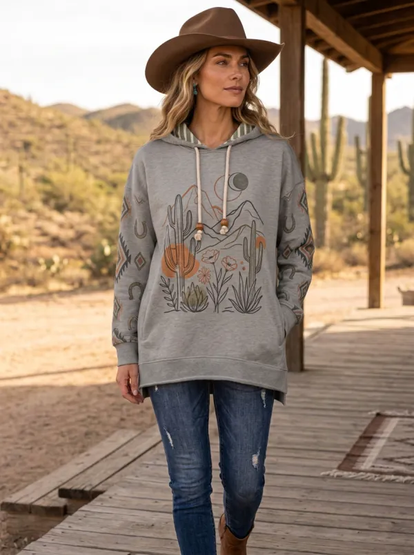Women's Western Desert Cactus Mountain Printed Hoodie