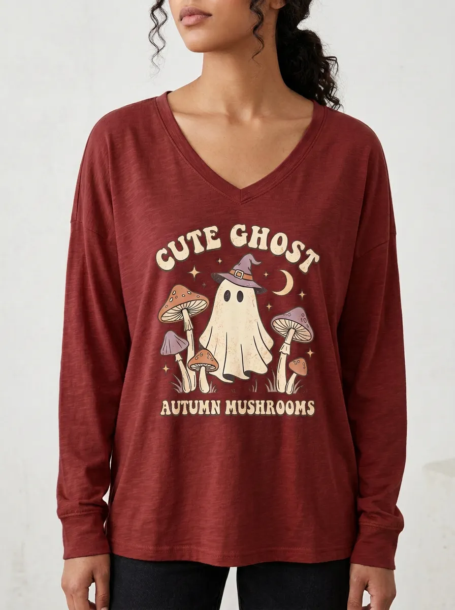 Women's Halloween Ghost Mushroom Printed V-neck Long Sleeve Top
