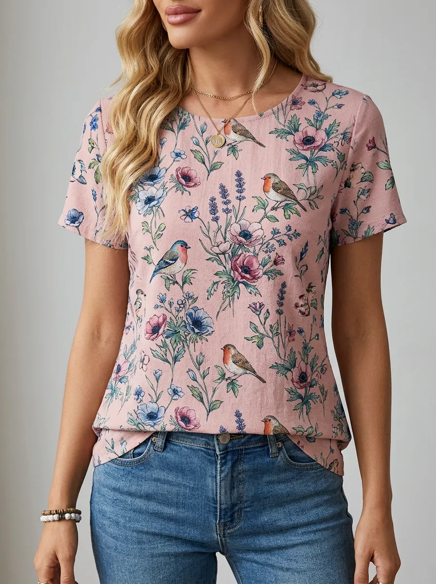 Bird Floral Nature Women's Loose Printed T-Shirt