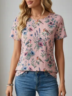 Bird Floral Nature Women's Loose Printed T-Shirt