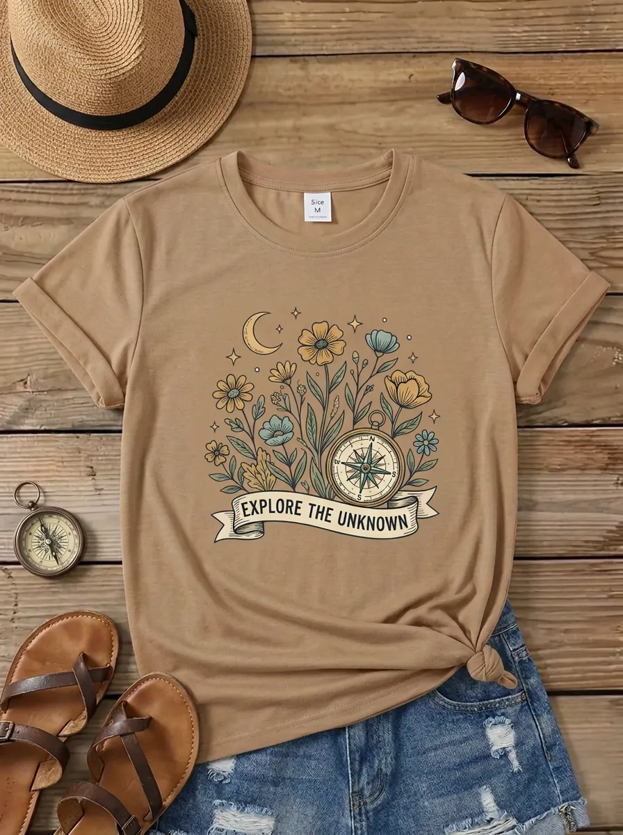 Adventure Lover Compass Floral Moon T-Shirt