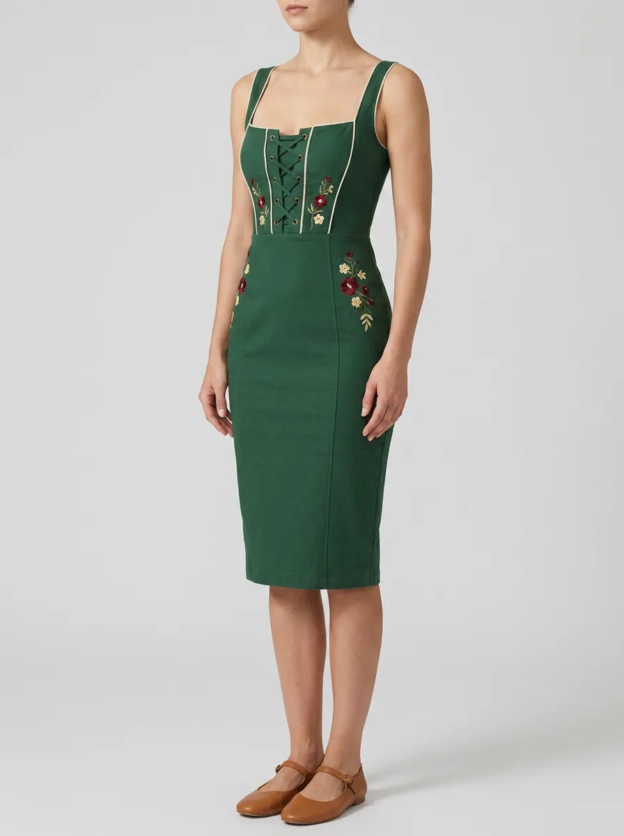 Women's Embroidered Lace-Up Traditional Bodycon Dress