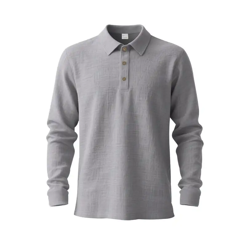 Men's Long-Sleeve Polo Shirt Cotton Gauze With A Shirt Collar Three-button Placket And Relaxed Fit