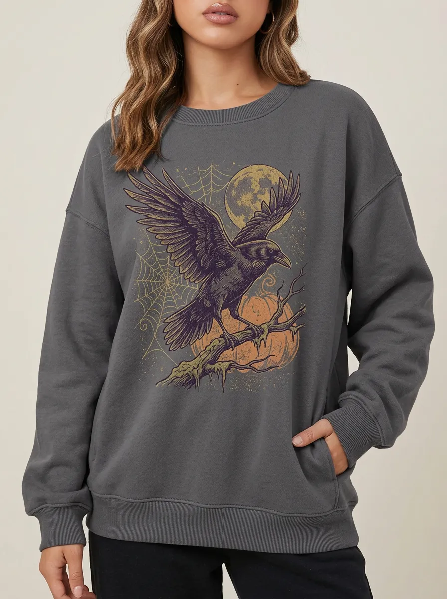 Women's Halloween Raven Moon Spiderweb Printed Sweatshirt