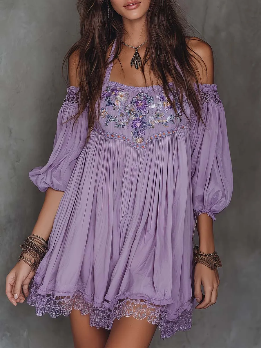 Vintage Softness Embroidered Off-Shoulder Mini Dress