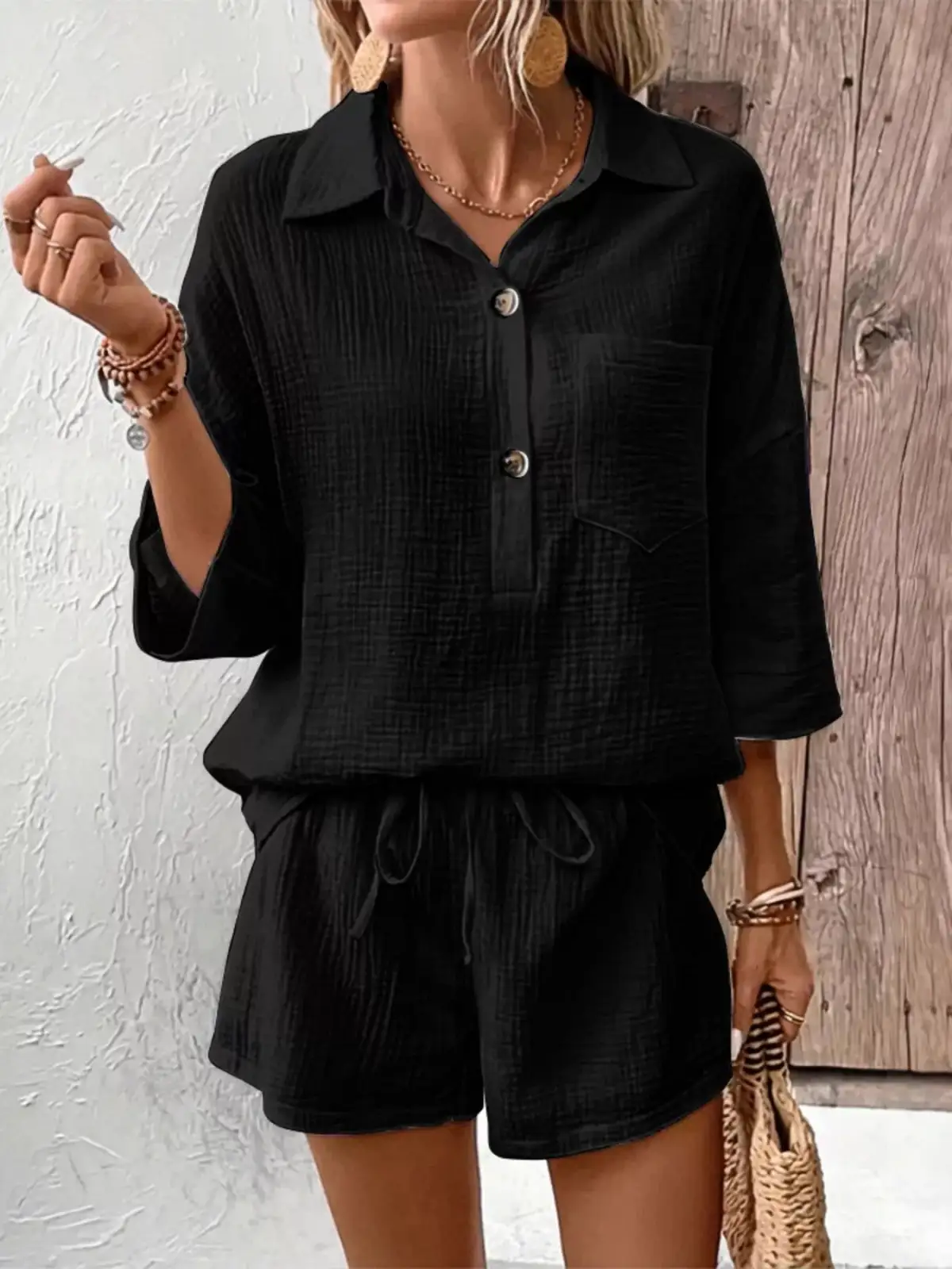 Button-Detail Pocketed Cotton Top and Shorts Matching Set