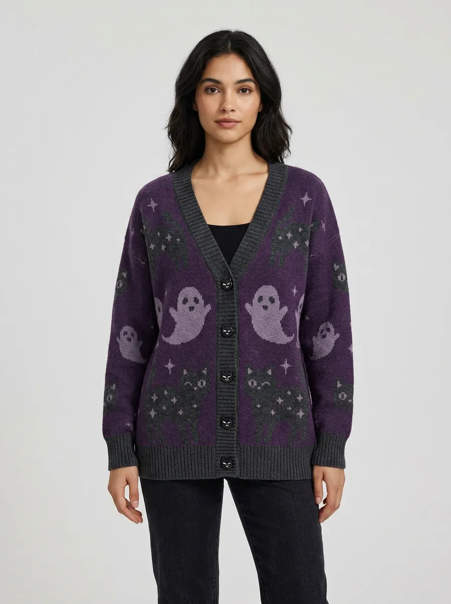 Women's Spooky Ghost and Black Cat Halloween Knit Cardigan