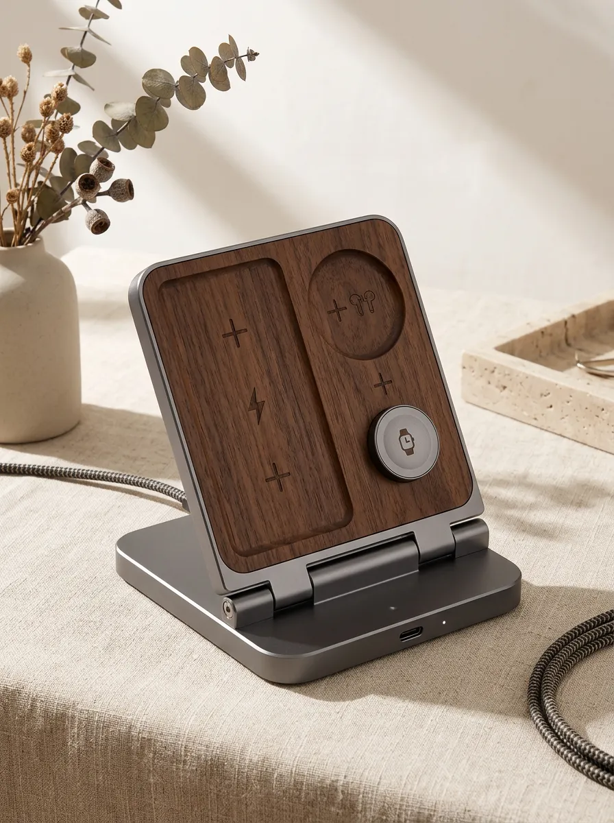 Walnut Wood 3-in-1 Foldable Wireless Charging Station