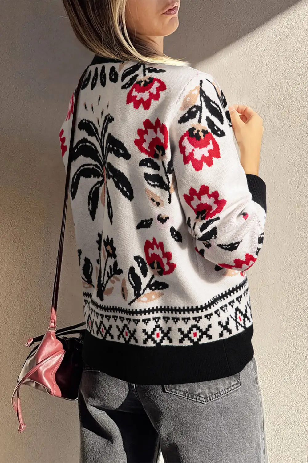 Floral Print Button Front V Neck Knit Everyday Layer Cardigan