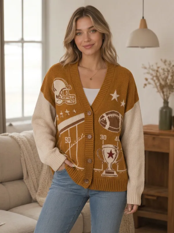 Women's Athletic Inspired Gridiron Helmet Trophy Ball Knit Cardigan