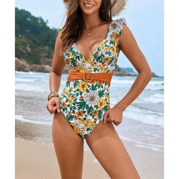 Women's Ruffled Plunge-Neck Floral One-Piece Swimsuit