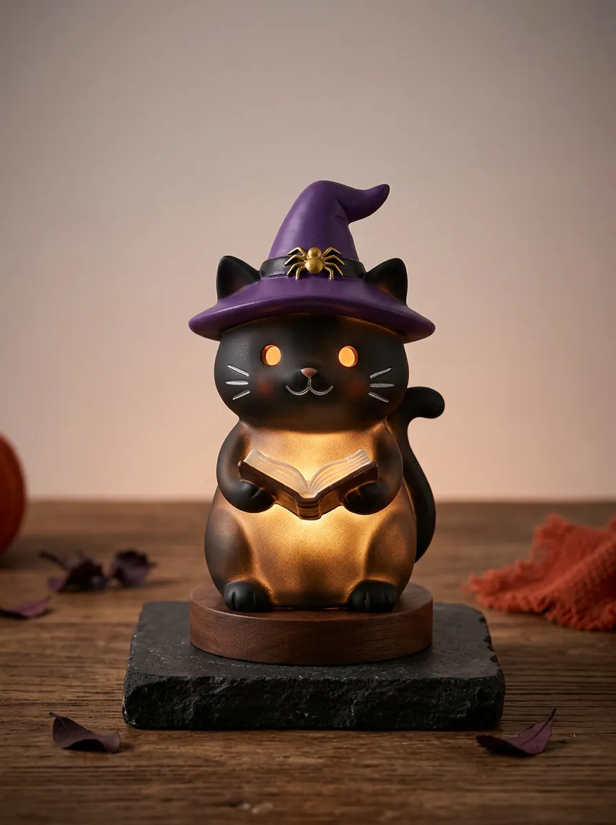 Halloween Cat Witch Hat Reading Book LED Night Light