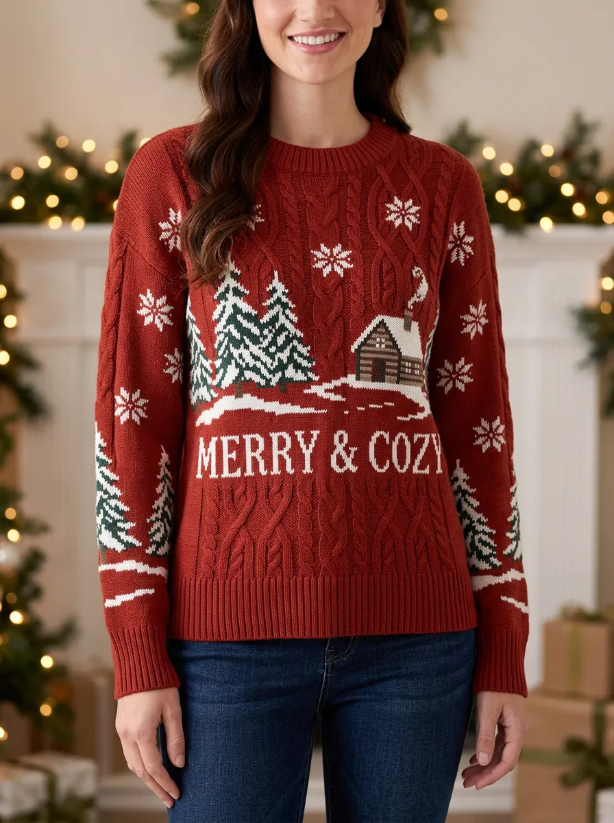 Christmas Holiday Merry & Cozy Cabin Tree Pattern Knitted Sweater