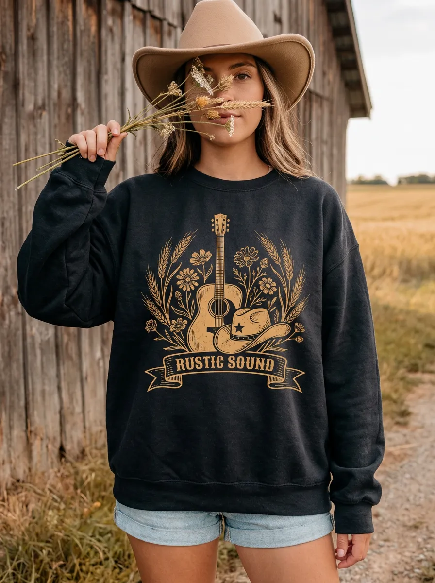 Western-Inspired Guitar Women's Country Music Crewneck Sweatshirt