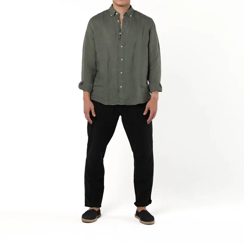 Olive Linen Button Front Shirt