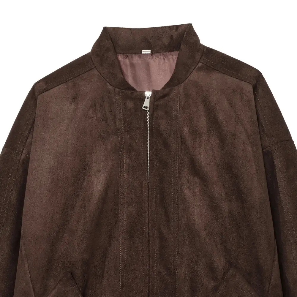 Relaxed Suede Look Stand Collar Zip Front Bomber Jacket